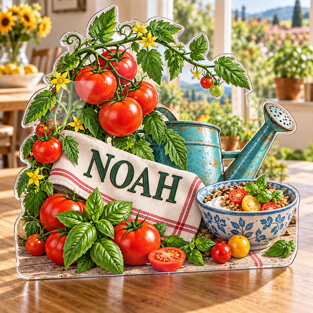 Artwork visualization: Tomato garden kitchen — breakfast nook decoration, personalized NOAH, subject-shaped acrylic with printed optical 3D depth; not carved relief.