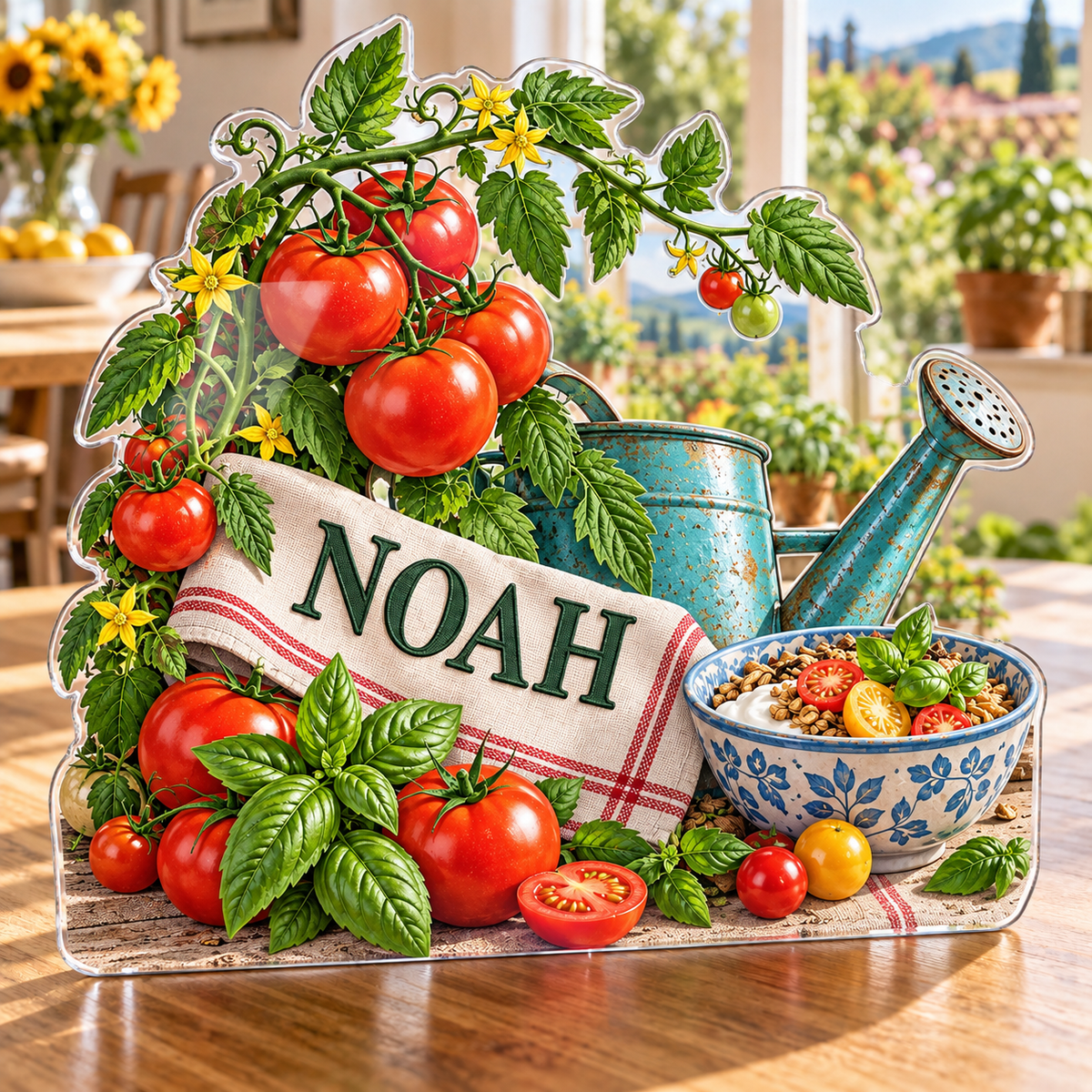 Artwork visualization: Tomato garden kitchen — breakfast nook decoration, personalized NOAH, subject-shaped acrylic with printed optical 3D depth; not carved relief.