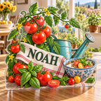 Artwork visualization: Tomato garden kitchen — breakfast nook decoration, personalized NOAH, subject-shaped acrylic with printed optical 3D depth; not carved relief.