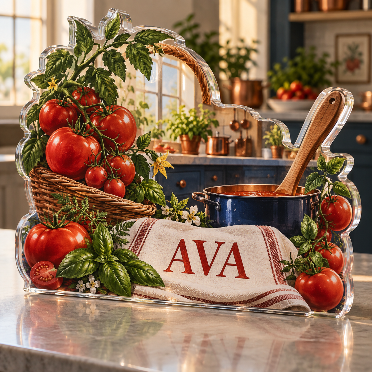 Artwork visualization: Tomato garden kitchen — family cooking day, personalized AVA, subject-shaped acrylic with printed optical 3D depth; not carved relief.