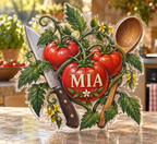 Artwork visualization: Tomato garden kitchen — recipe note collection, personalized MIA, subject-shaped acrylic with printed optical 3D depth; not carved relief.