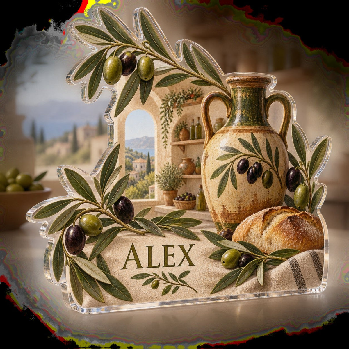 Personalized Olive Branch Pantry Kitchen Wall Collection custom shape acrylic plaque with an example name set into the artwork, digital preview