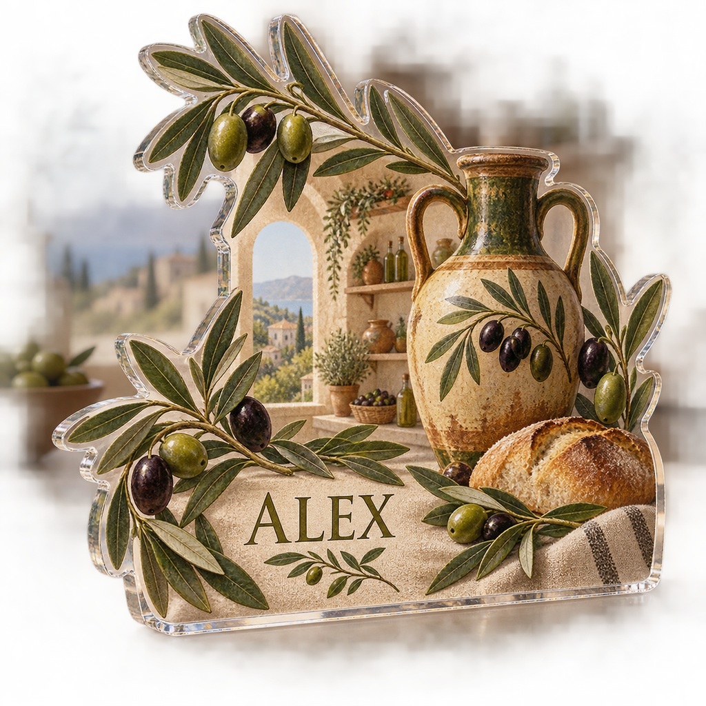 Artwork visualization: Olive branch pantry — kitchen wall collection, personalized ALEX, subject-shaped acrylic with printed optical 3D depth; not carved relief.