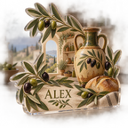 Artwork visualization: Olive branch pantry — kitchen wall collection, personalized ALEX, subject-shaped acrylic with printed optical 3D depth; not carved relief.