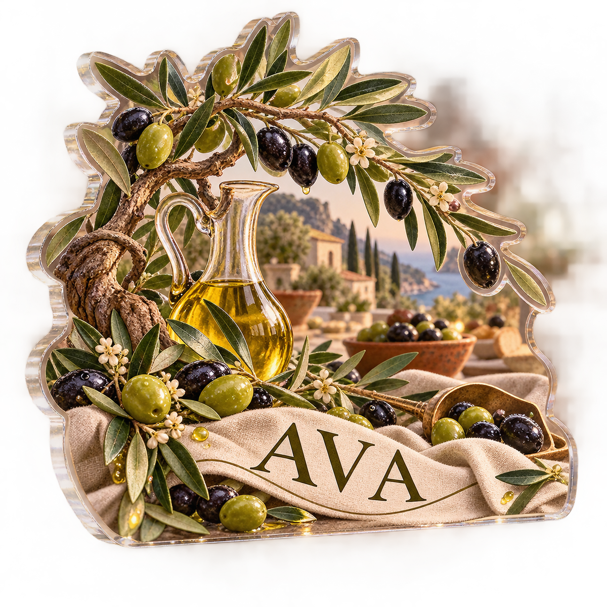Artwork visualization: Olive branch pantry — host thank you gift, personalized AVA, subject-shaped acrylic with printed optical 3D depth; not carved relief.
