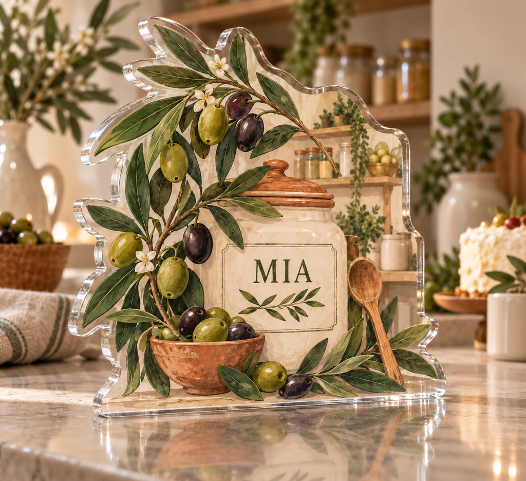 Artwork visualization: Olive branch pantry — food hobby birthday, personalized MIA, subject-shaped acrylic with printed optical 3D depth; not carved relief.