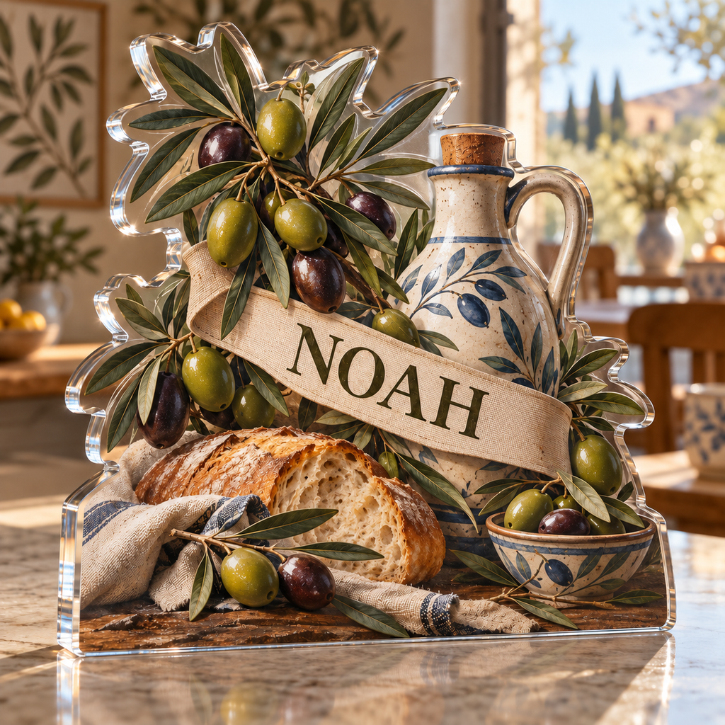 Artwork visualization: Olive branch pantry — breakfast nook decoration, personalized NOAH, subject-shaped acrylic with printed optical 3D depth; not carved relief.