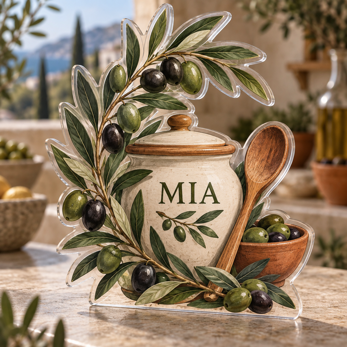 Artwork visualization: Olive branch pantry — recipe note collection, personalized MIA, subject-shaped acrylic with printed optical 3D depth; not carved relief.