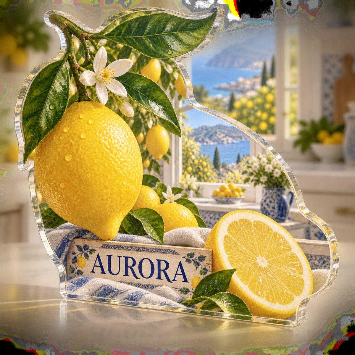 Personalized Lemon Kitchen Kitchen Wall Collection custom shape acrylic plaque with an example name set into the artwork, digital preview