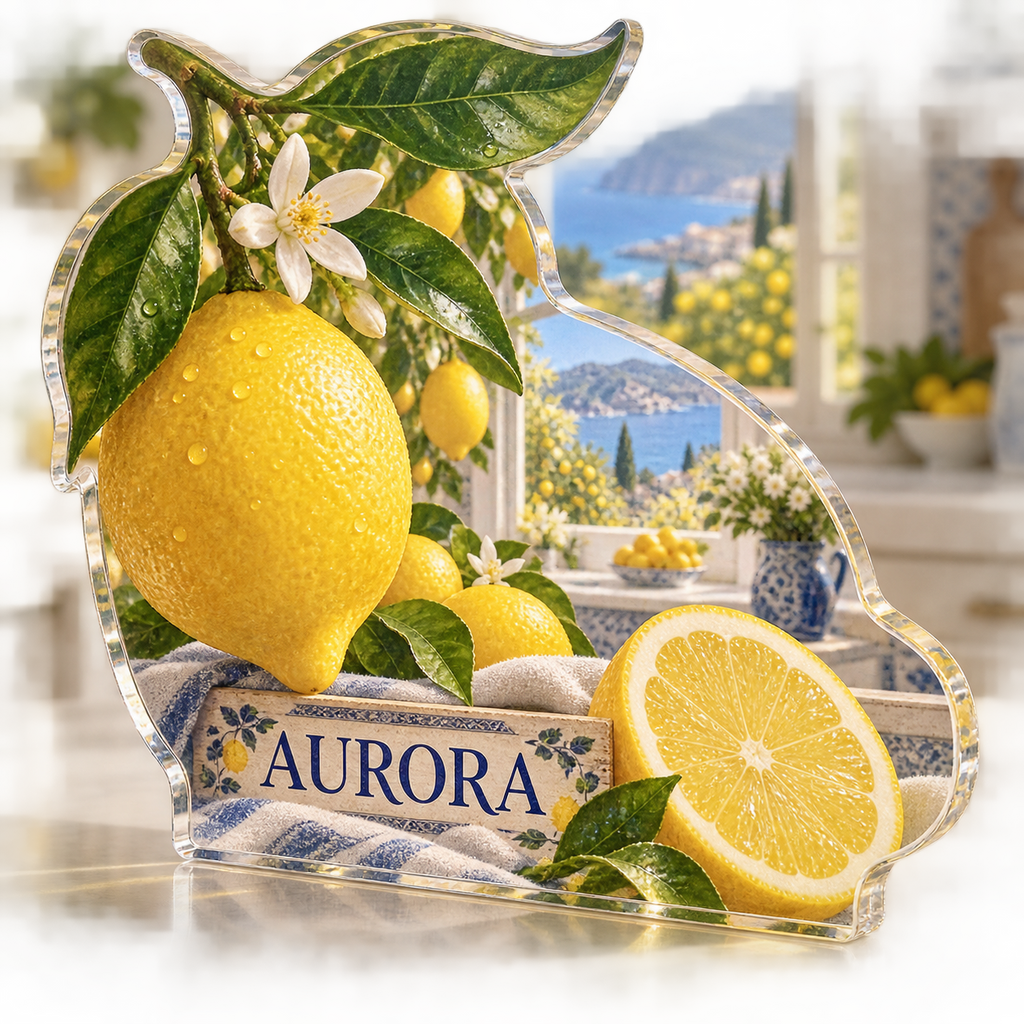 Artwork visualization: Lemon kitchen — kitchen wall collection, personalized AURORA, subject-shaped acrylic with printed optical 3D depth; not carved relief.