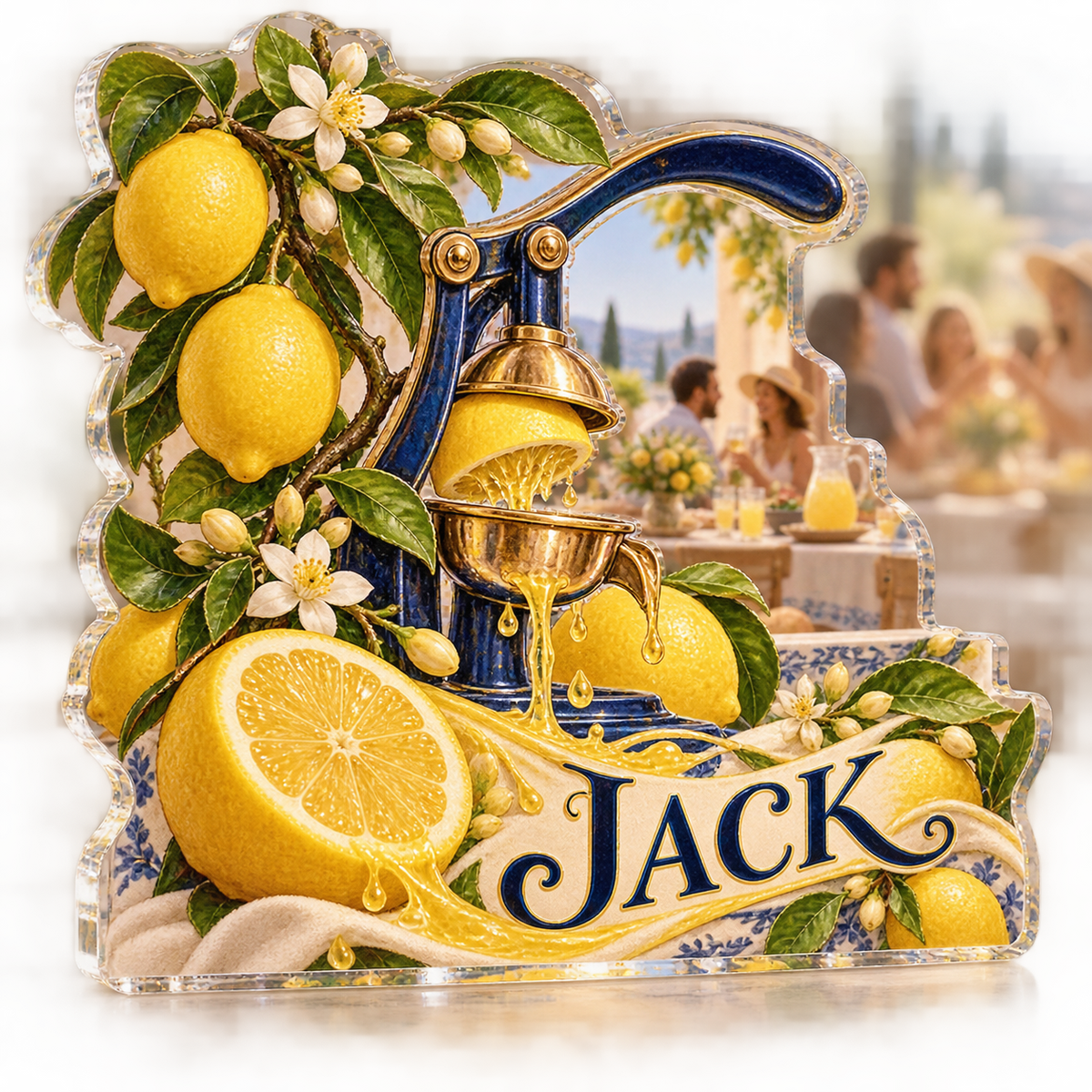 Artwork visualization: Lemon kitchen — host thank you gift, personalized JACK, subject-shaped acrylic with printed optical 3D depth; not carved relief.