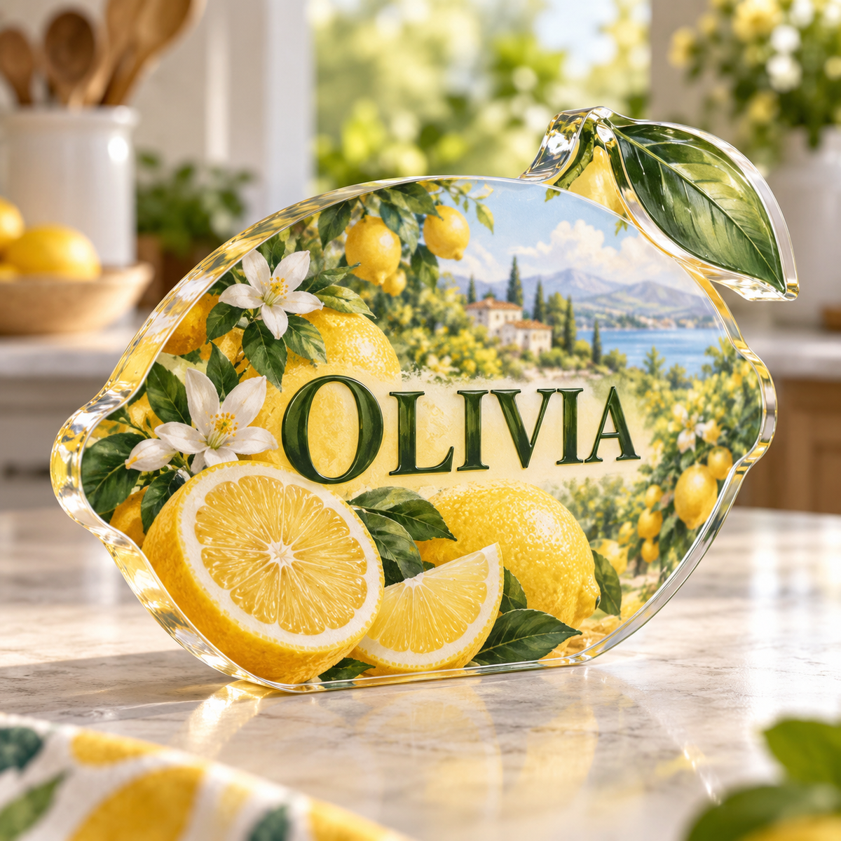 Artwork visualization: Lemon kitchen — housewarming kitchen gift, personalized OLIVIA, subject-shaped acrylic with printed optical 3D depth; not carved relief.