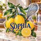 Artwork visualization: Lemon kitchen — food hobby birthday, personalized SOPHIA, subject-shaped acrylic with printed optical 3D depth; not carved relief.