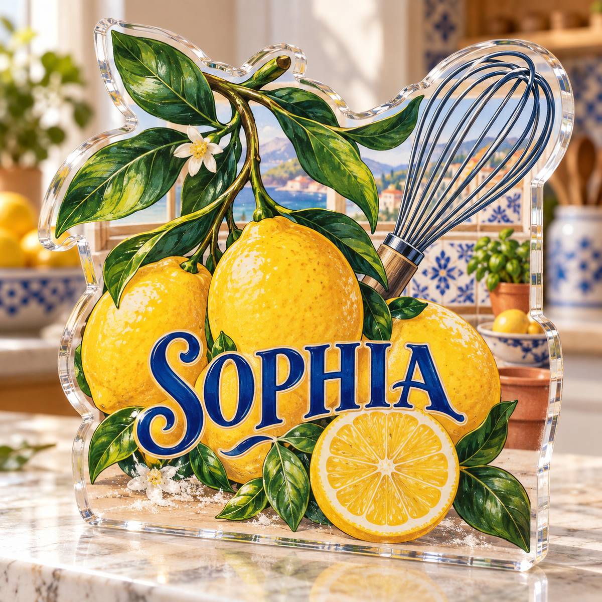 Artwork visualization: Lemon kitchen — food hobby birthday, personalized SOPHIA, subject-shaped acrylic with printed optical 3D depth; not carved relief.