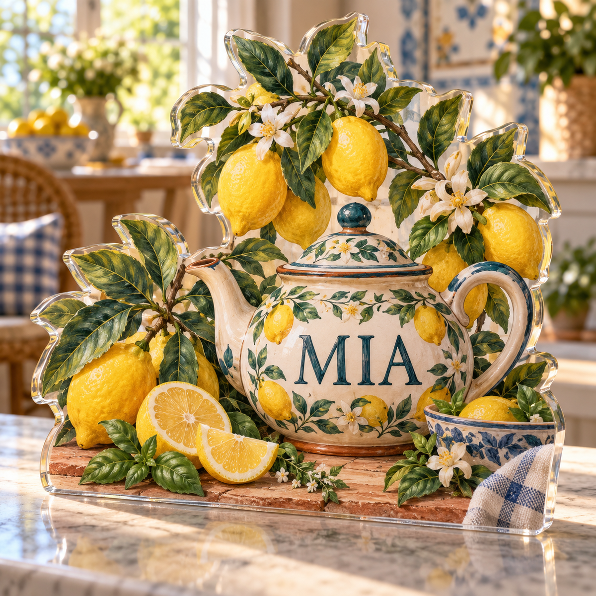 Artwork visualization: Lemon kitchen — breakfast nook decoration, personalized MIA, subject-shaped acrylic with printed optical 3D depth; not carved relief.