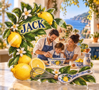 Artwork visualization: Lemon kitchen — family cooking day, personalized JACK, subject-shaped acrylic with printed optical 3D depth; not carved relief.