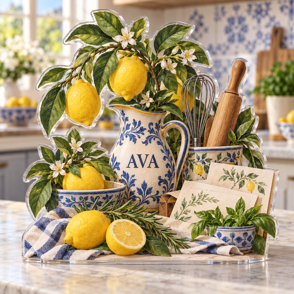 Artwork visualization: Lemon kitchen — recipe note collection, personalized AVA, subject-shaped acrylic with printed optical 3D depth; not carved relief.