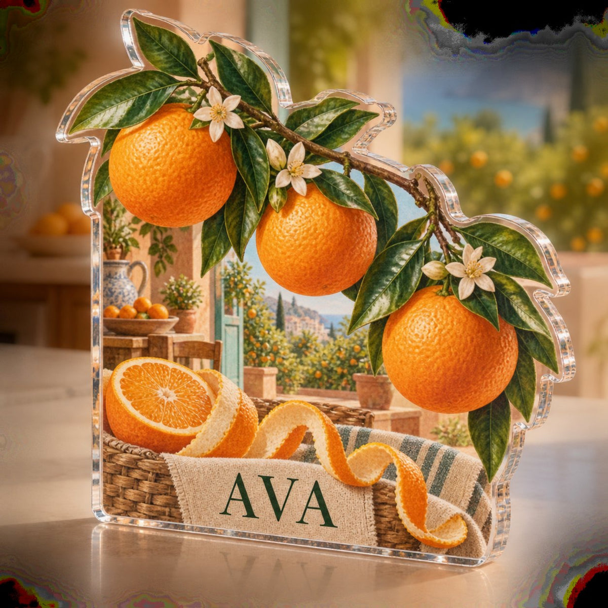 Personalized Orange Grove Kitchen Kitchen Wall Collection custom shape acrylic plaque with an example name set into the artwork, digital preview