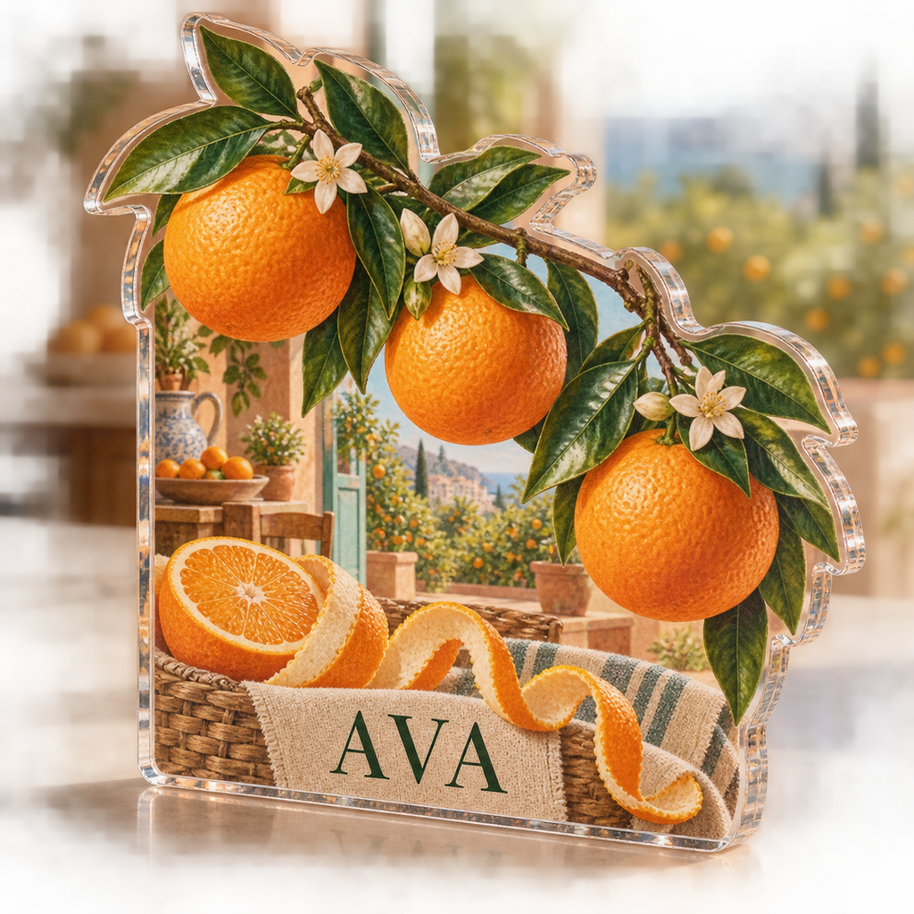 Artwork visualization: Orange grove kitchen — kitchen wall collection, personalized AVA, subject-shaped acrylic with printed optical 3D depth; not carved relief.