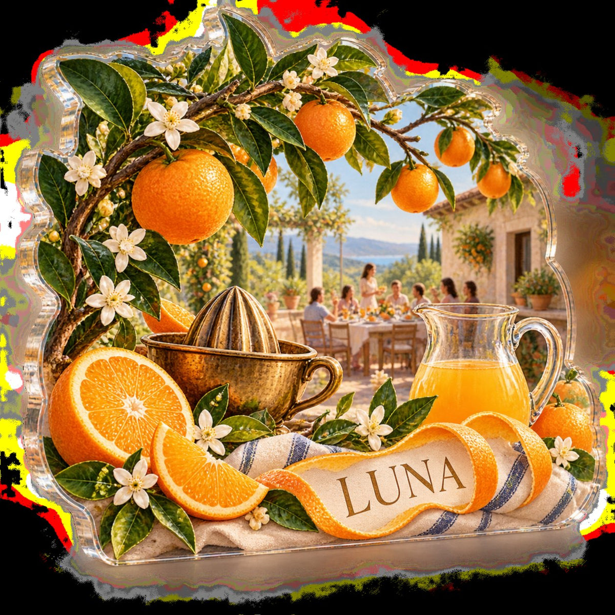 Personalized Orange Grove Kitchen Host Thank You Gift custom shape acrylic plaque with an example name set into the artwork, digital preview