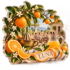 Artwork visualization: Orange grove kitchen — host thank you gift, personalized LUNA, subject-shaped acrylic with printed optical 3D depth; not carved relief.