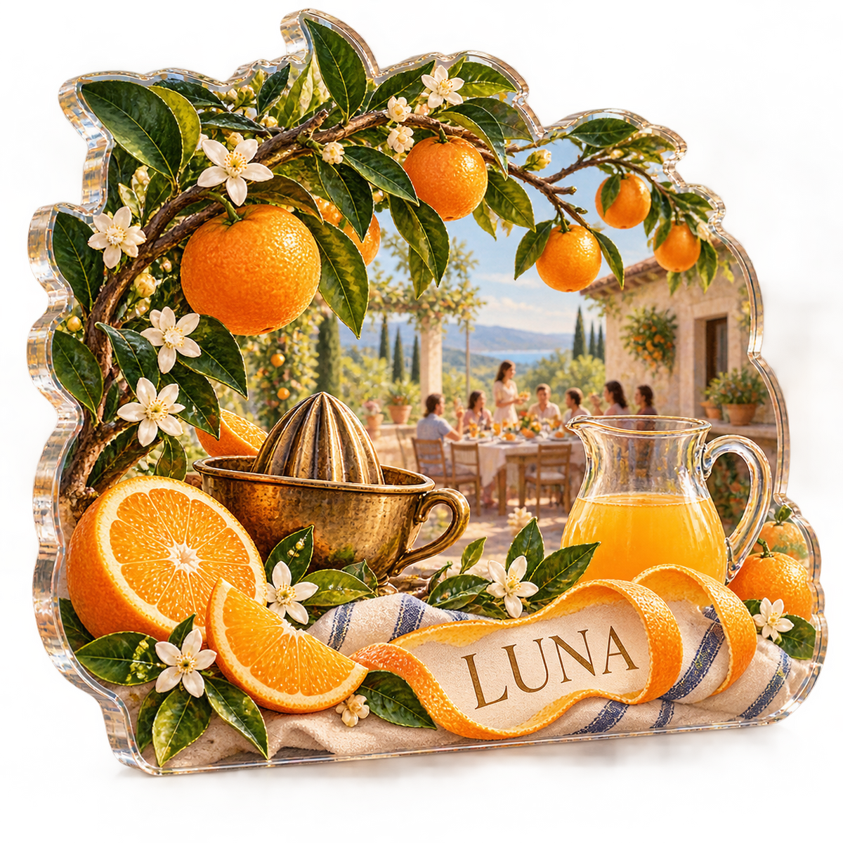 Artwork visualization: Orange grove kitchen — host thank you gift, personalized LUNA, subject-shaped acrylic with printed optical 3D depth; not carved relief.