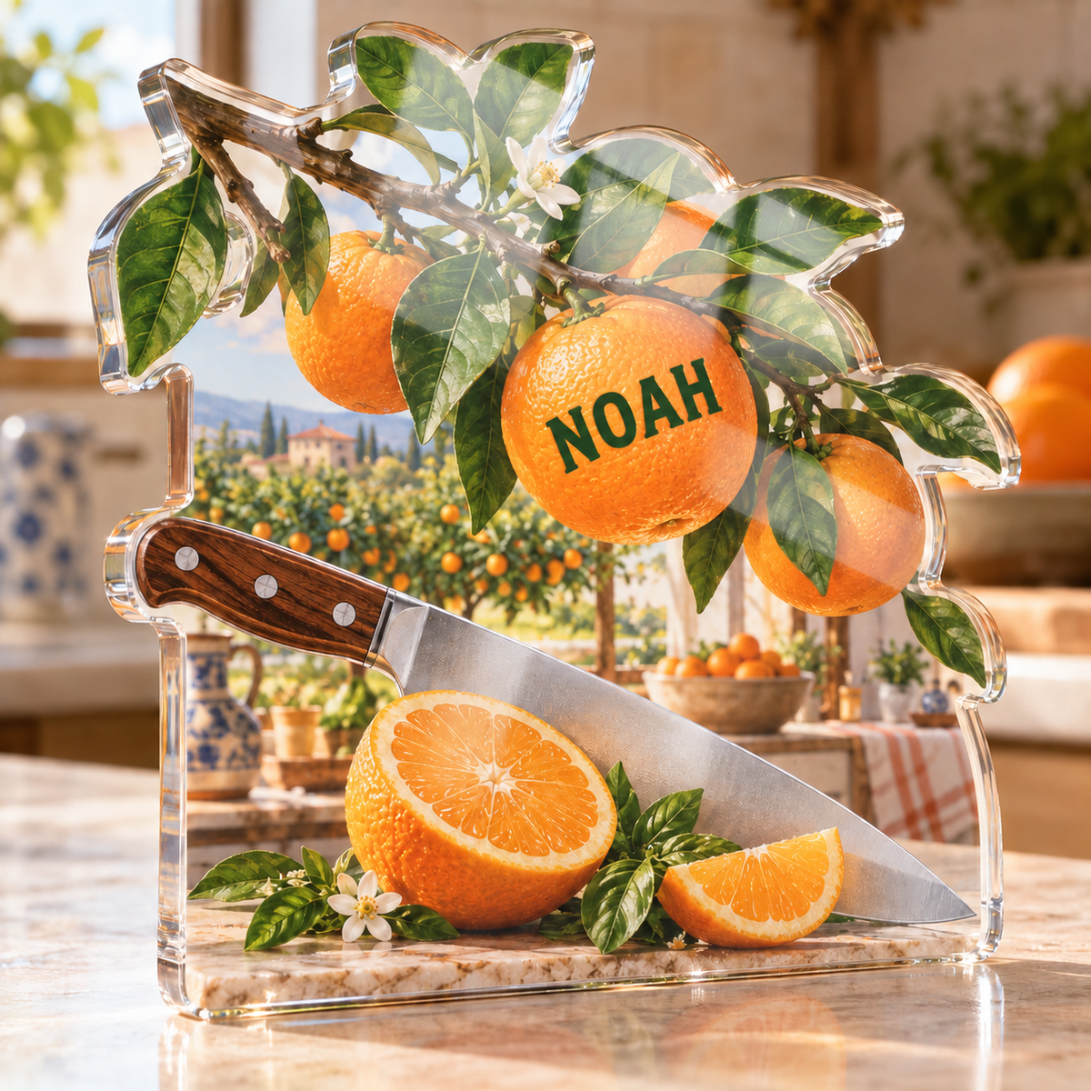 Artwork visualization: Orange grove kitchen — food hobby birthday, personalized NOAH, subject-shaped acrylic with printed optical 3D depth; not carved relief.