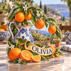 Artwork visualization: Orange grove kitchen — breakfast nook decoration, personalized OLIVIA, subject-shaped acrylic with printed optical 3D depth; not carved relief.