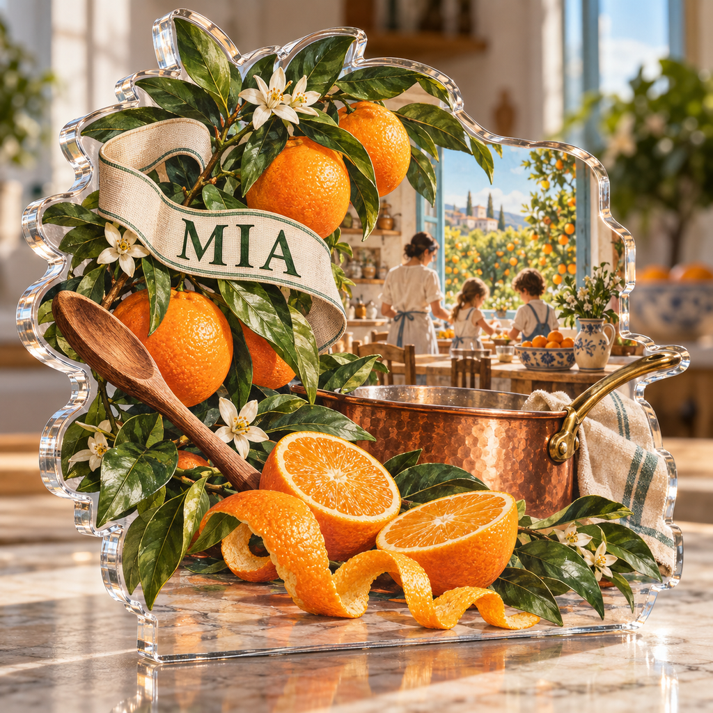 Artwork visualization: Orange grove kitchen — family cooking day, personalized MIA, subject-shaped acrylic with printed optical 3D depth; not carved relief.