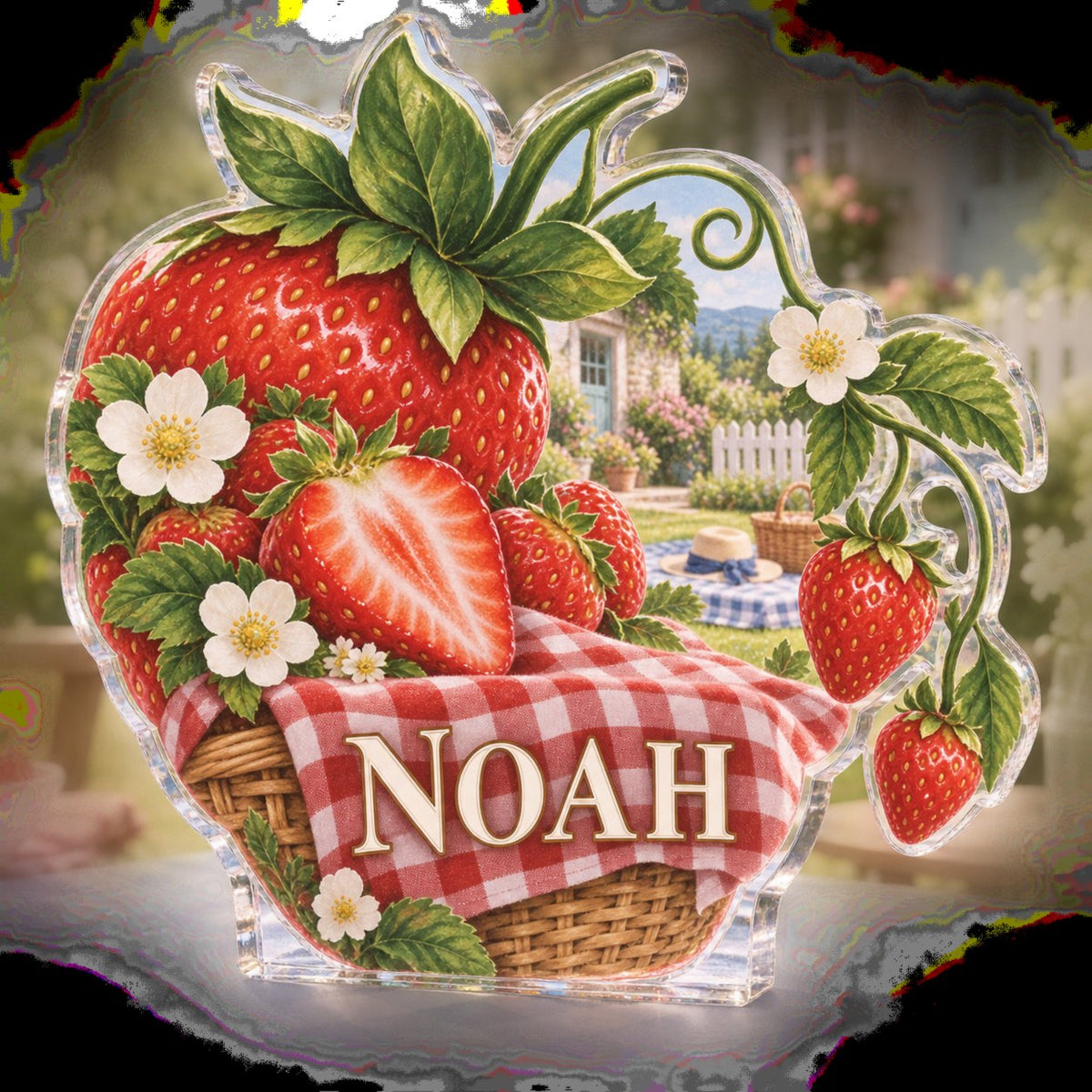 Personalized Strawberry Picnic Kitchen Wall Collection custom shape acrylic plaque with an example name set into the artwork, digital preview