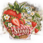 Artwork visualization: Strawberry picnic — kitchen wall collection, personalized NOAH, subject-shaped acrylic with printed optical 3D depth; not carved relief.