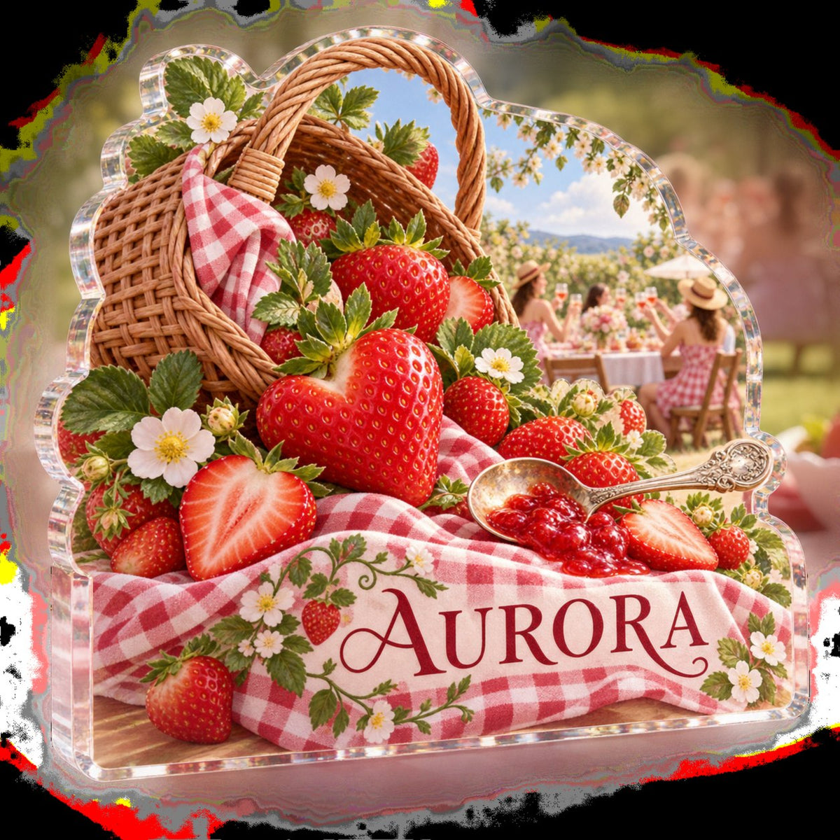 Personalized Strawberry Picnic Host Thank You Gift custom shape acrylic plaque with an example name set into the artwork, digital preview