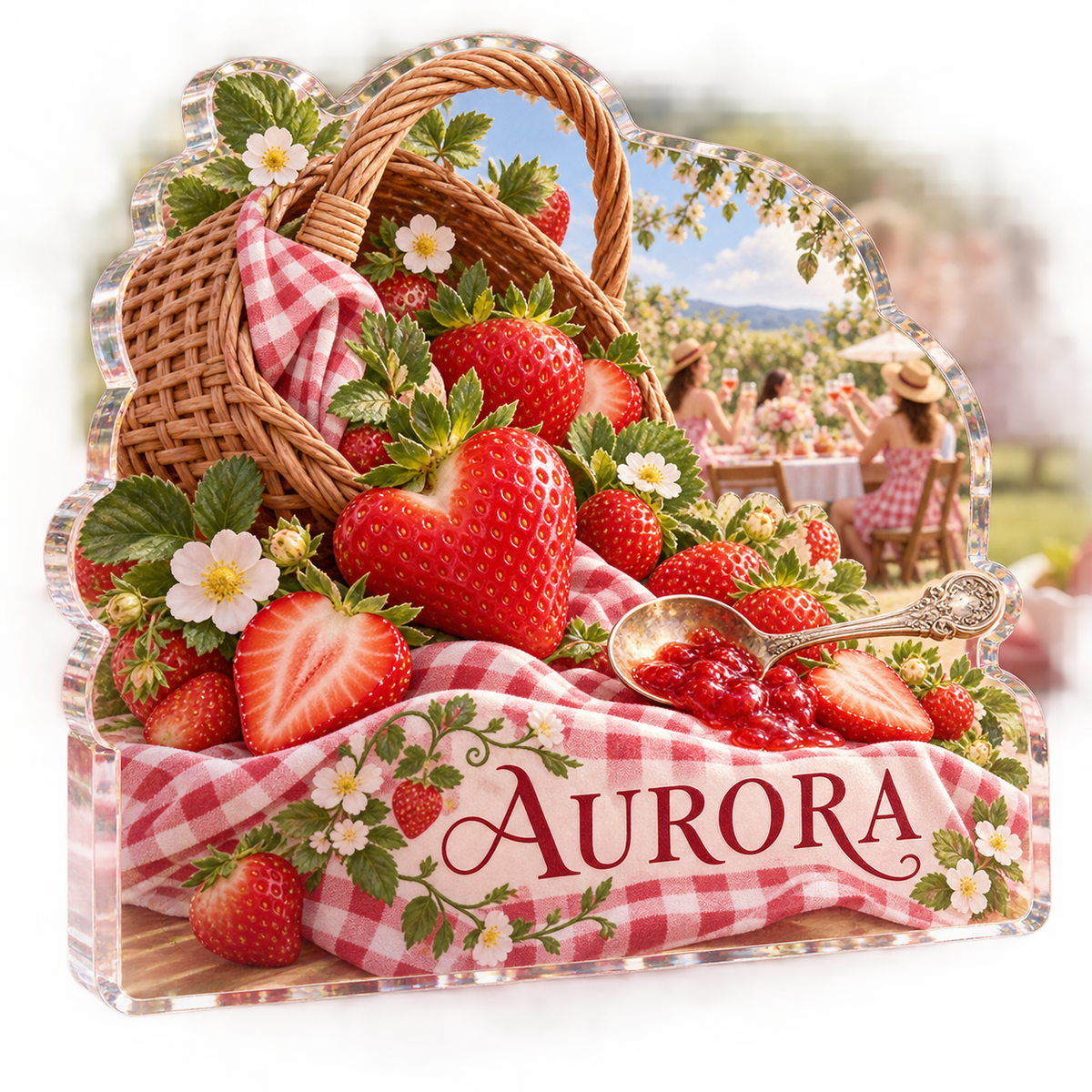 Artwork visualization: Strawberry picnic — host thank you gift, personalized AURORA, subject-shaped acrylic with printed optical 3D depth; not carved relief.