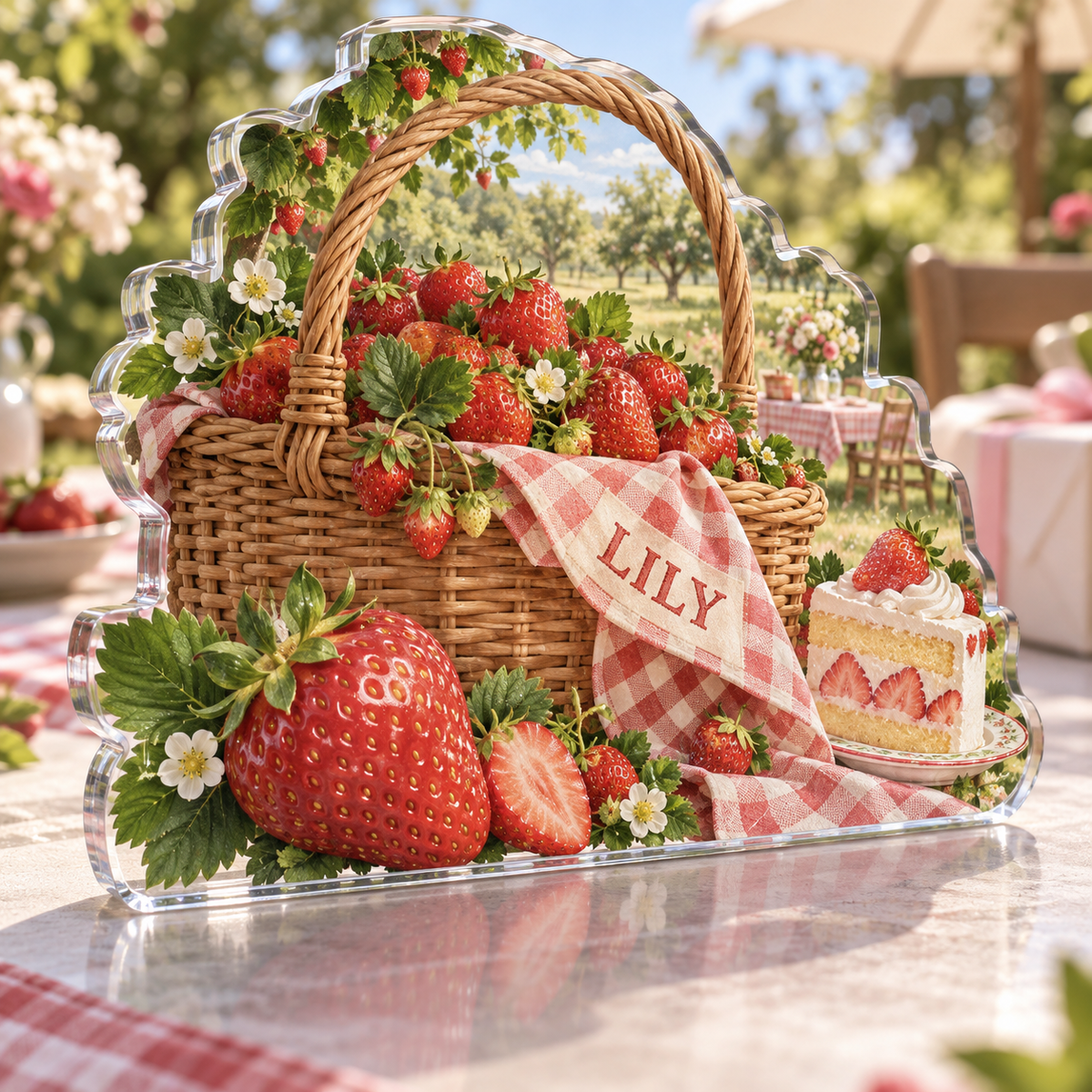 Artwork visualization: Strawberry picnic — food hobby birthday, personalized LILY, subject-shaped acrylic with printed optical 3D depth; not carved relief.