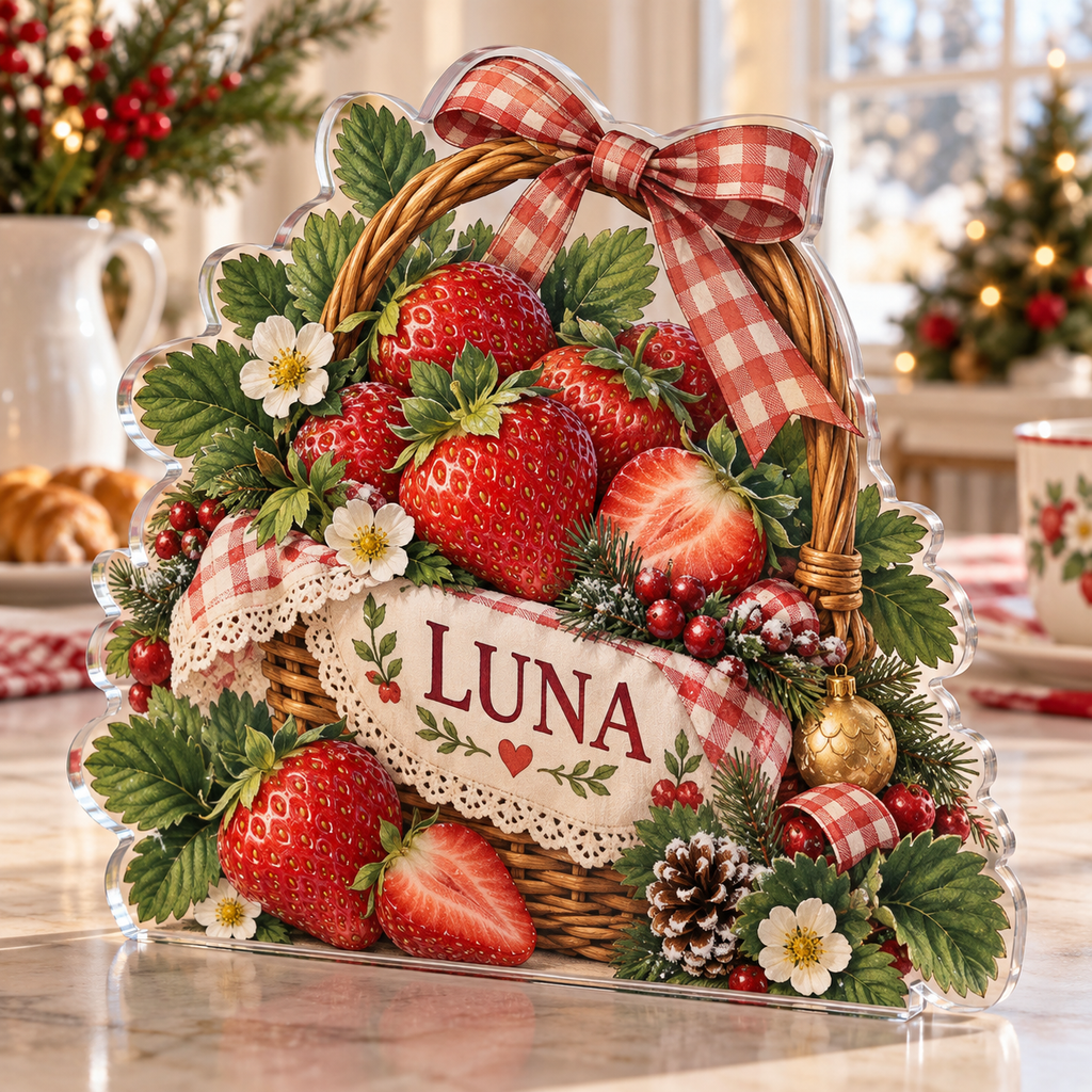 Artwork visualization: Strawberry picnic — breakfast nook decoration, personalized LUNA, subject-shaped acrylic with printed optical 3D depth; not carved relief.