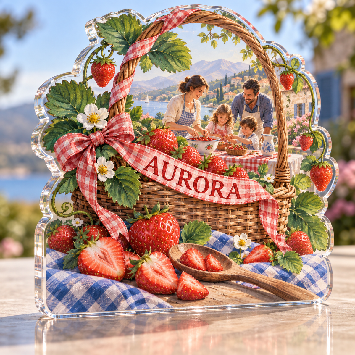 Artwork visualization: Strawberry picnic — family cooking day, personalized AURORA, subject-shaped acrylic with printed optical 3D depth; not carved relief.
