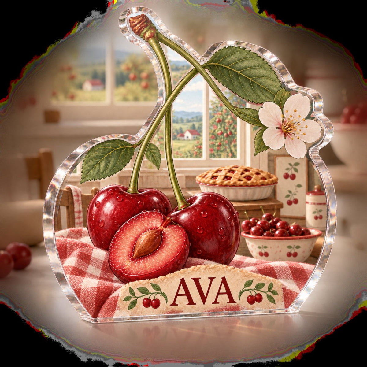 Personalized Cherry Kitchen Kitchen Wall Collection custom shape acrylic plaque with an example name set into the artwork, digital preview