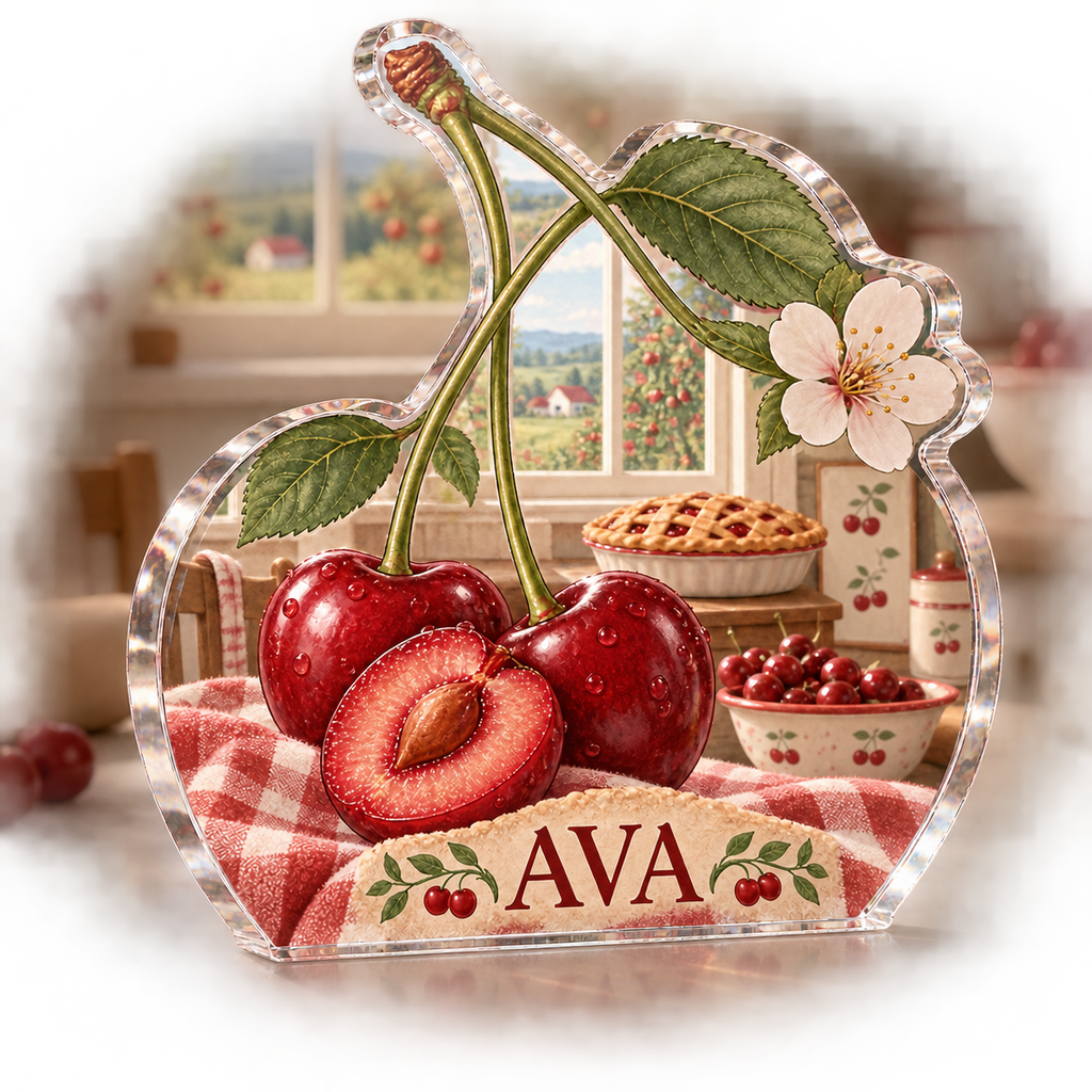 Artwork visualization: Cherry kitchen — kitchen wall collection, personalized AVA, subject-shaped acrylic with printed optical 3D depth; not carved relief.