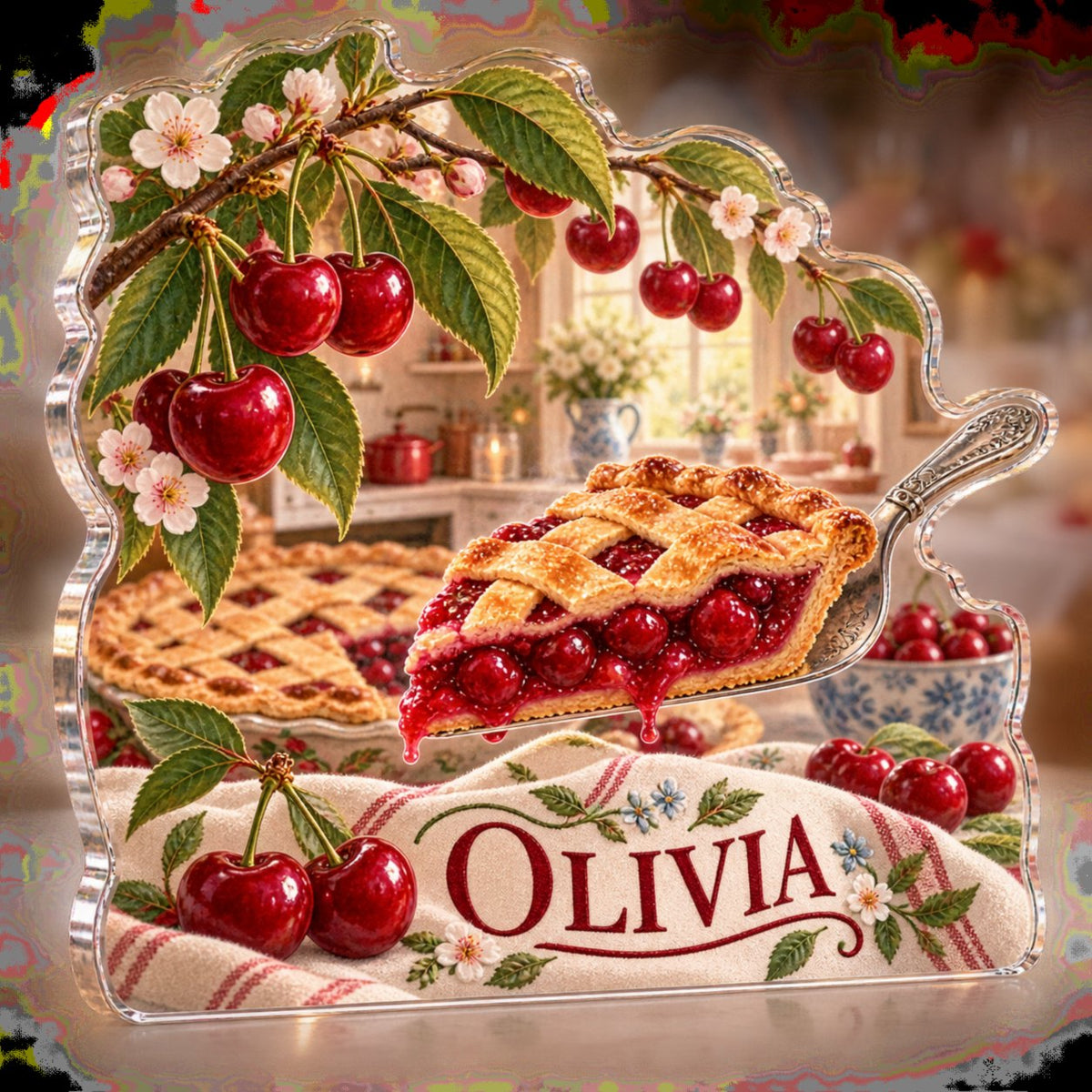 Personalized Cherry Kitchen Host Thank You Gift custom shape acrylic plaque with an example name set into the artwork, digital preview