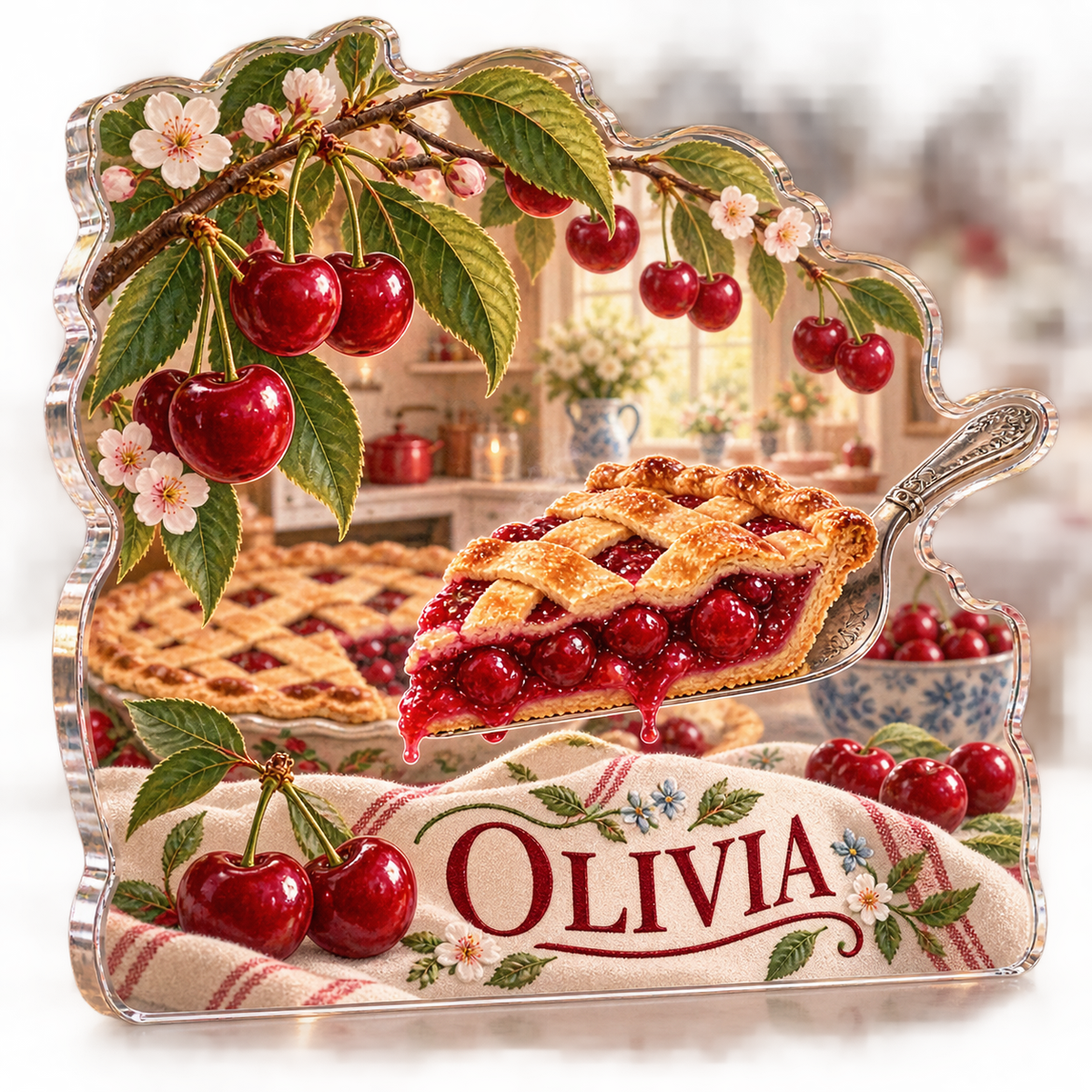 Artwork visualization: Cherry kitchen — host thank you gift, personalized OLIVIA, subject-shaped acrylic with printed optical 3D depth; not carved relief.