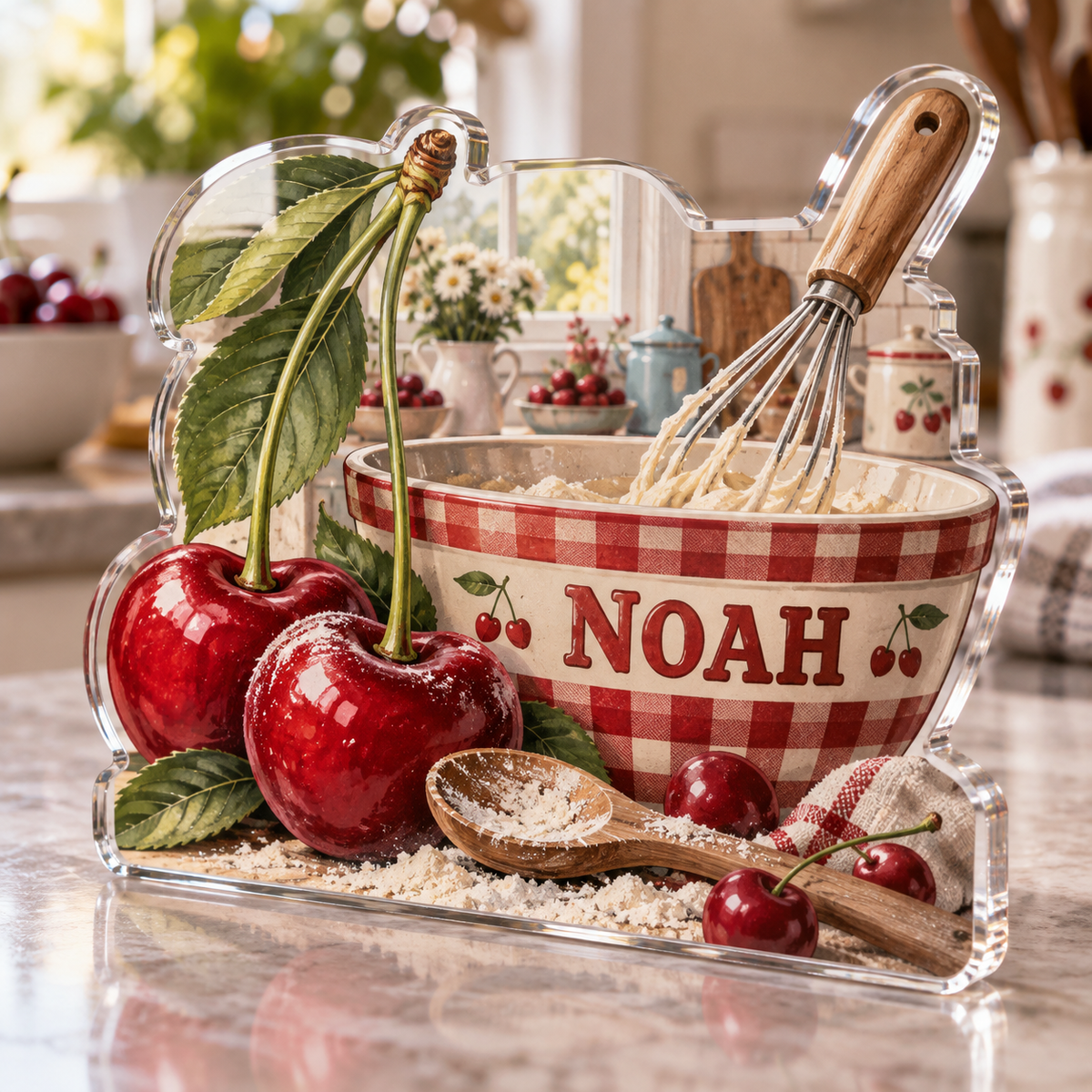 Artwork visualization: Cherry kitchen — food hobby birthday, personalized NOAH, subject-shaped acrylic with printed optical 3D depth; not carved relief.