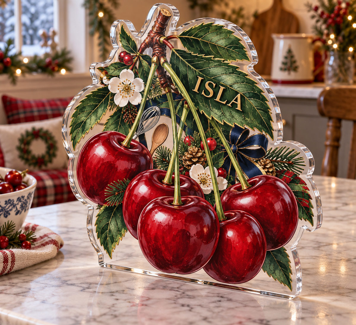 Artwork visualization: Cherry kitchen — breakfast nook decoration, personalized ISLA, subject-shaped acrylic with printed optical 3D depth; not carved relief.