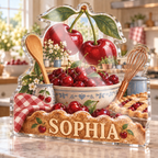 Artwork visualization: Cherry kitchen — family cooking day, personalized SOPHIA, subject-shaped acrylic with printed optical 3D depth; not carved relief.