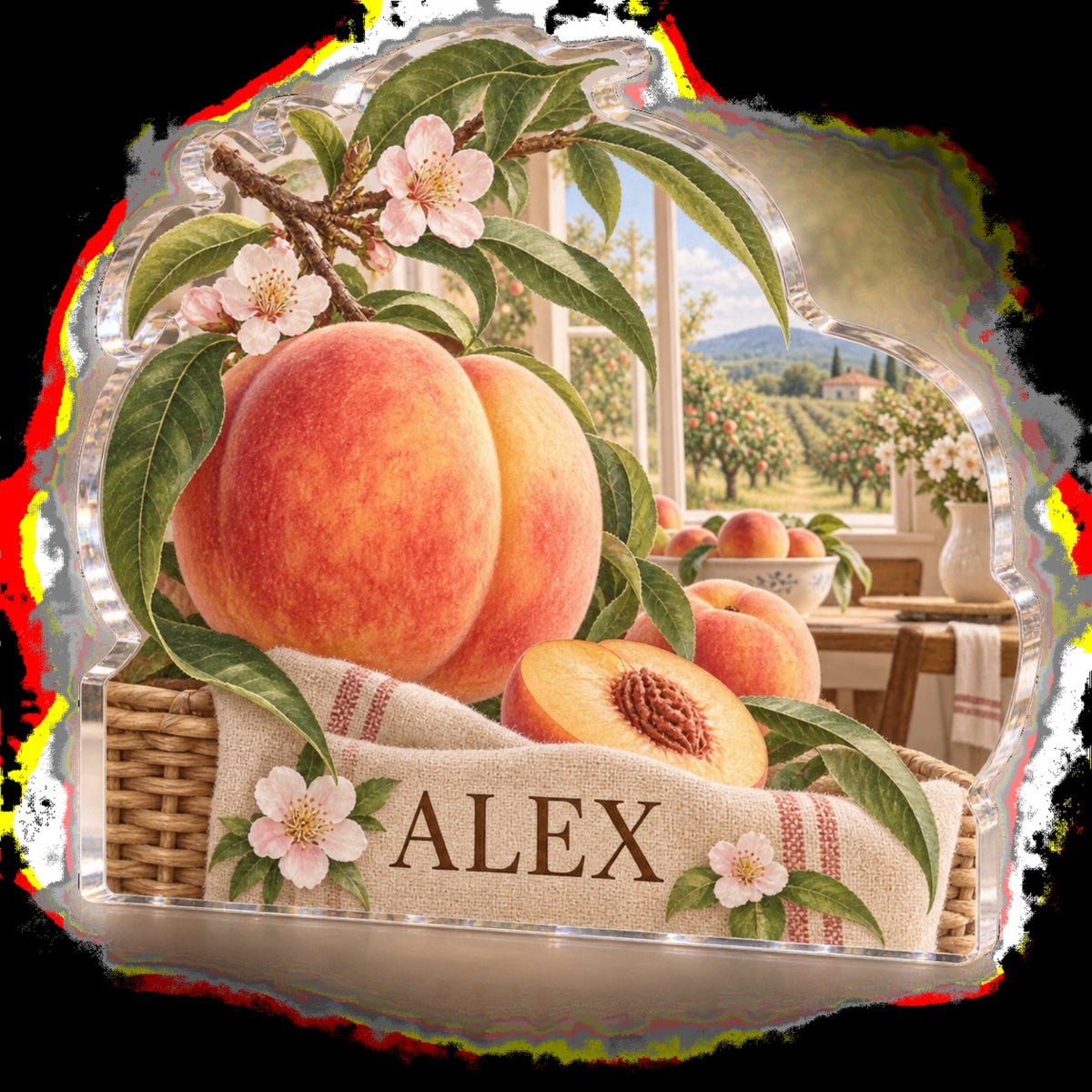 Personalized Peach Orchard Kitchen Wall Collection custom shape acrylic plaque with an example name set into the artwork, digital preview