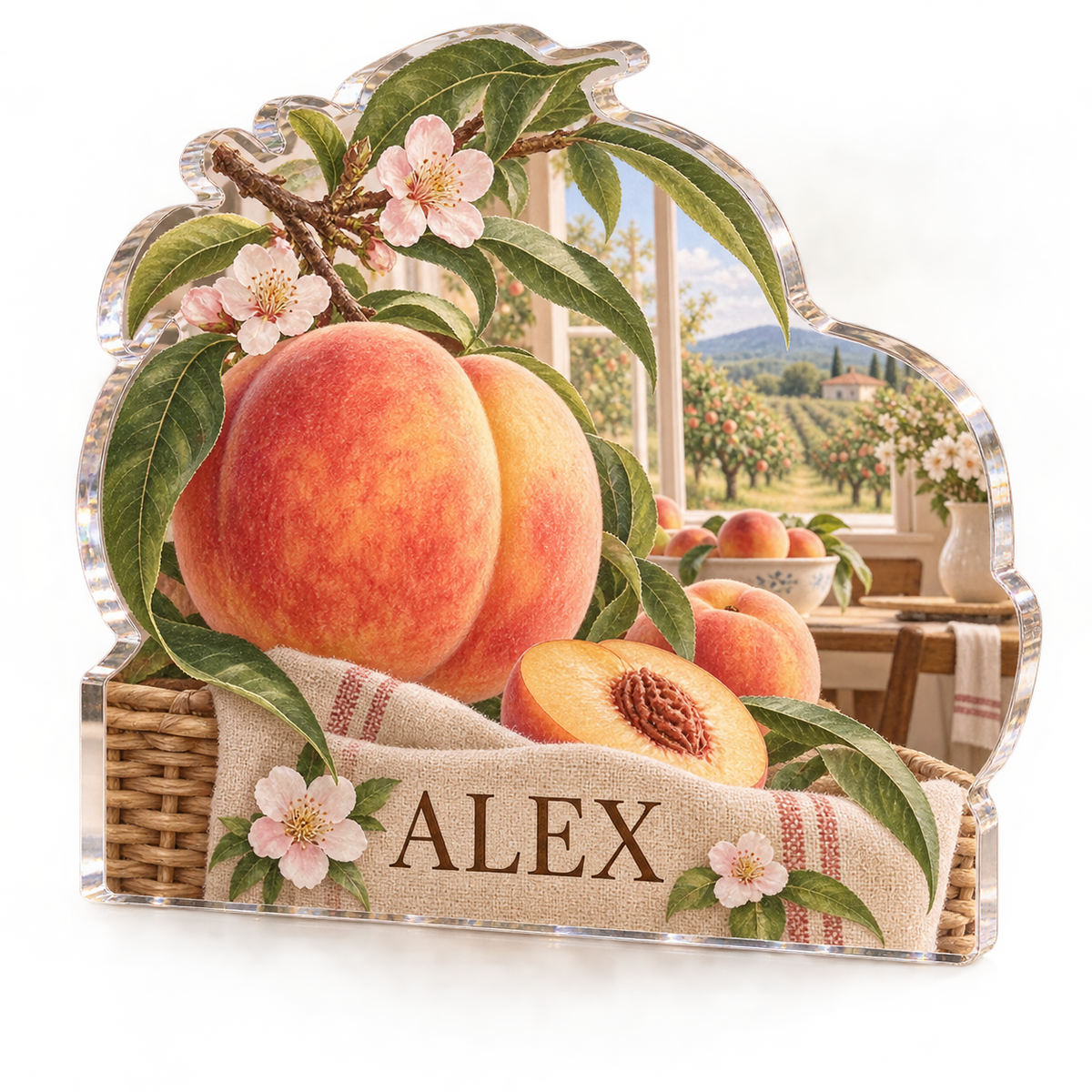 Artwork visualization: Peach orchard — kitchen wall collection, personalized ALEX, subject-shaped acrylic with printed optical 3D depth; not carved relief.