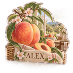 Artwork visualization: Peach orchard — kitchen wall collection, personalized ALEX, subject-shaped acrylic with printed optical 3D depth; not carved relief.
