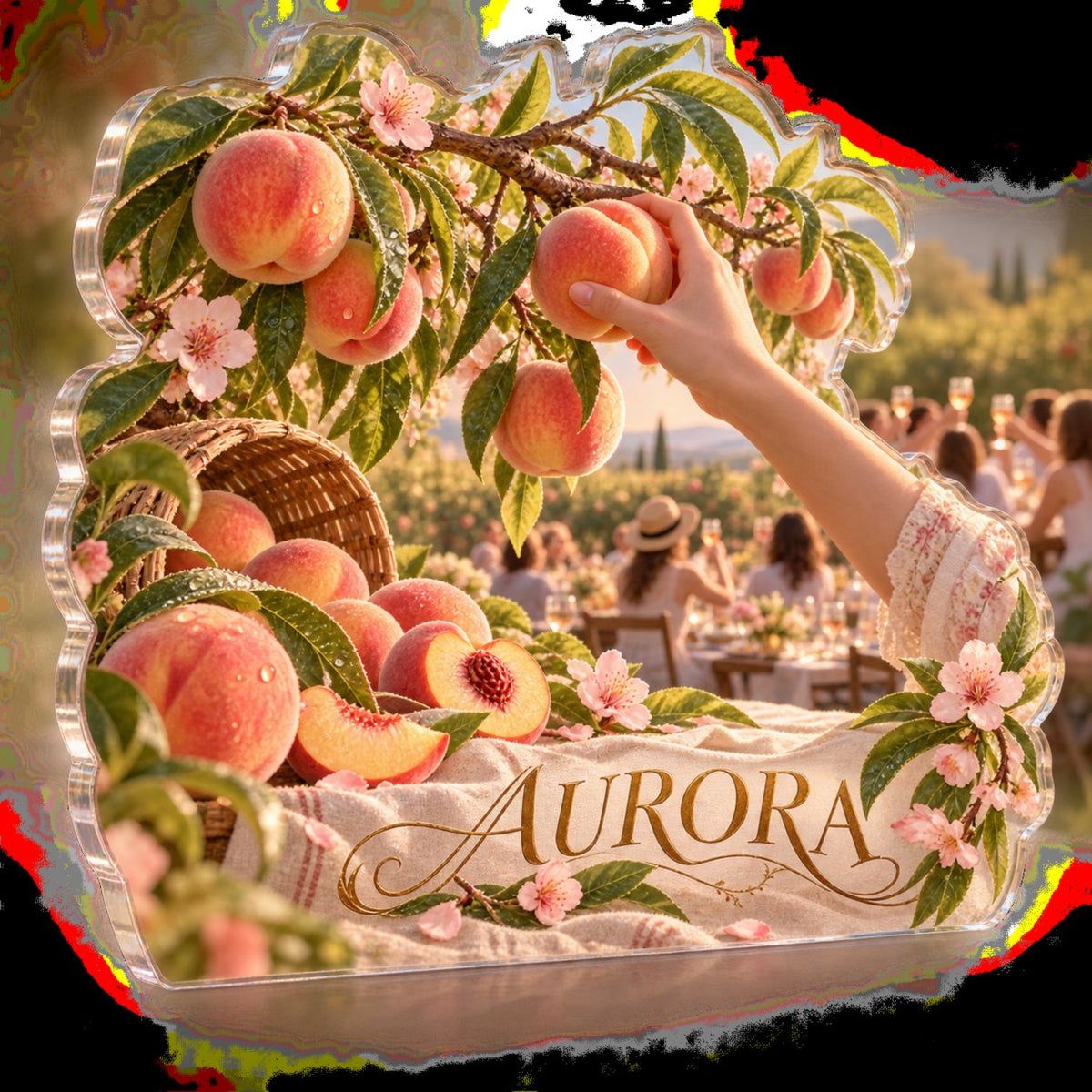 Personalized Peach Orchard Host Thank You Gift custom shape acrylic plaque with an example name set into the artwork, digital preview