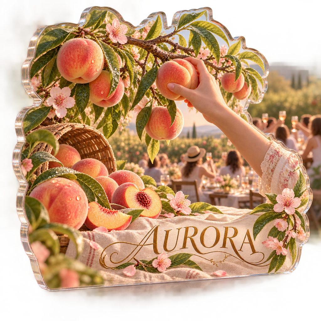 Artwork visualization: Peach orchard — host thank you gift, personalized AURORA, subject-shaped acrylic with printed optical 3D depth; not carved relief.
