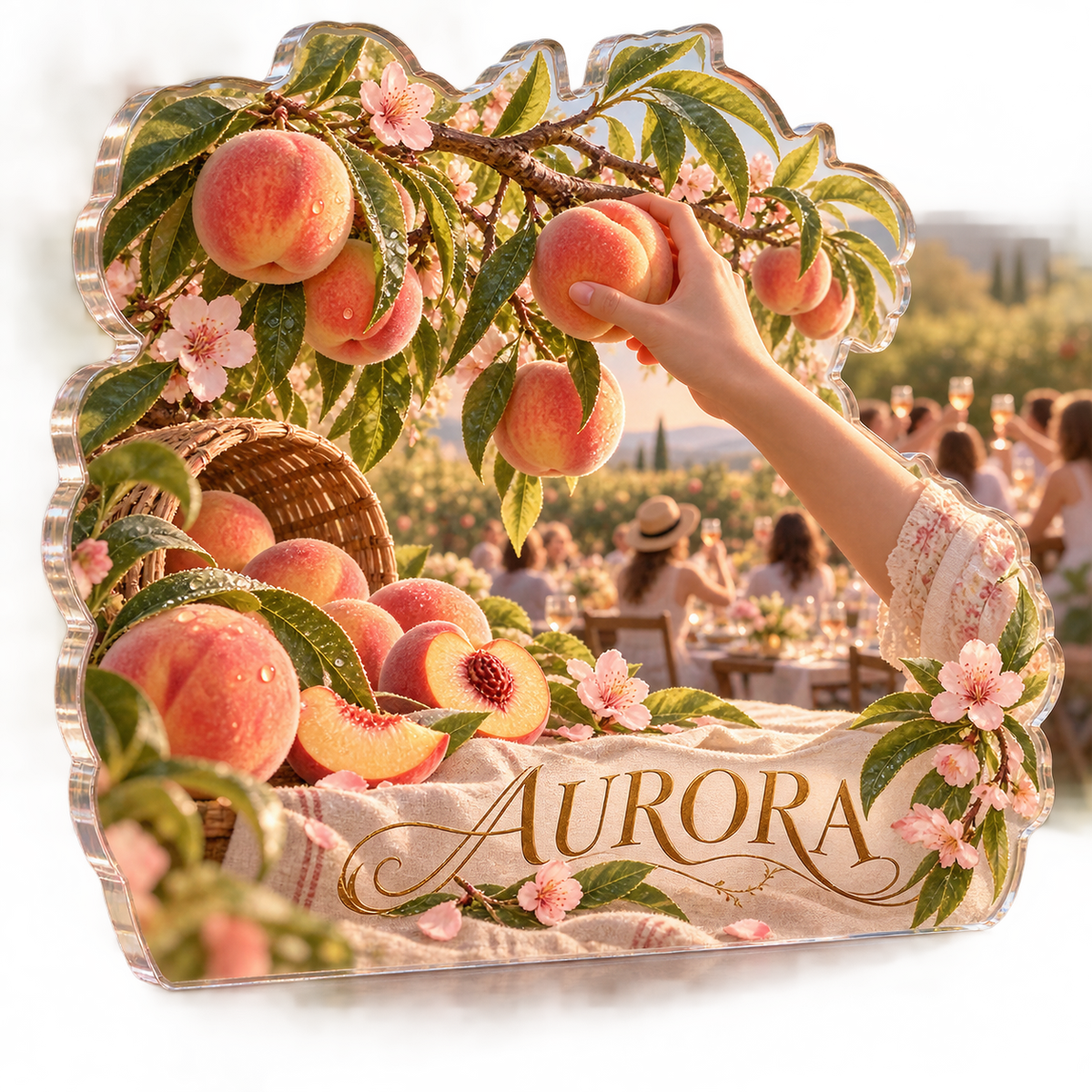Artwork visualization: Peach orchard — host thank you gift, personalized AURORA, subject-shaped acrylic with printed optical 3D depth; not carved relief.