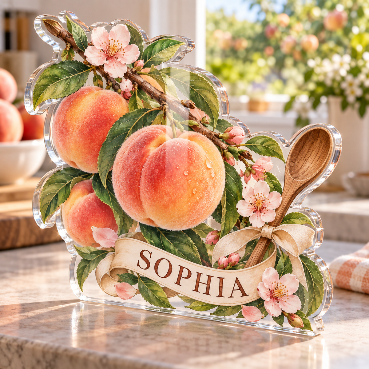 Artwork visualization: Peach orchard — food hobby birthday, personalized SOPHIA, subject-shaped acrylic with printed optical 3D depth; not carved relief.